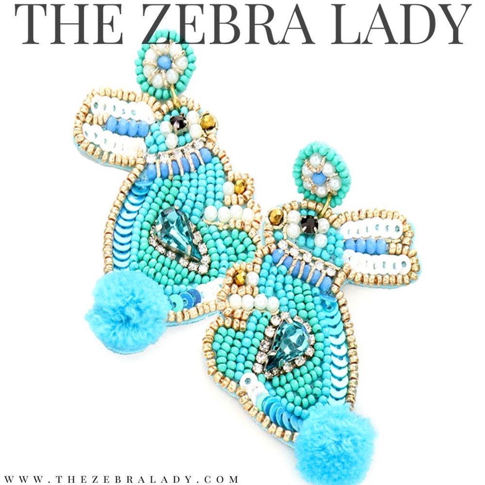 Aqua Turquoise Sequin Beaded Easter Bunny Earrings